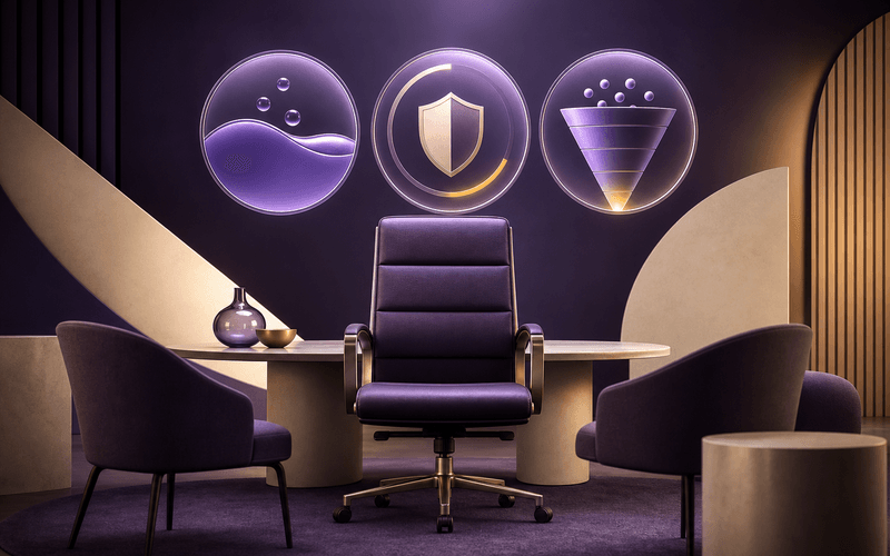 Executive chair beneath three abstract gauges representing cash, margin, and sales pipeline