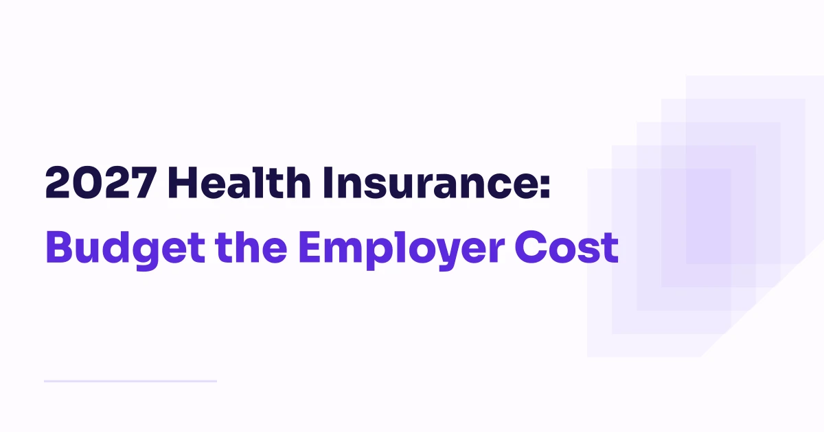 Light layered folded sheets beside the purple and dark Sora title 2027 Health Insurance: Budget the Employer Cost.