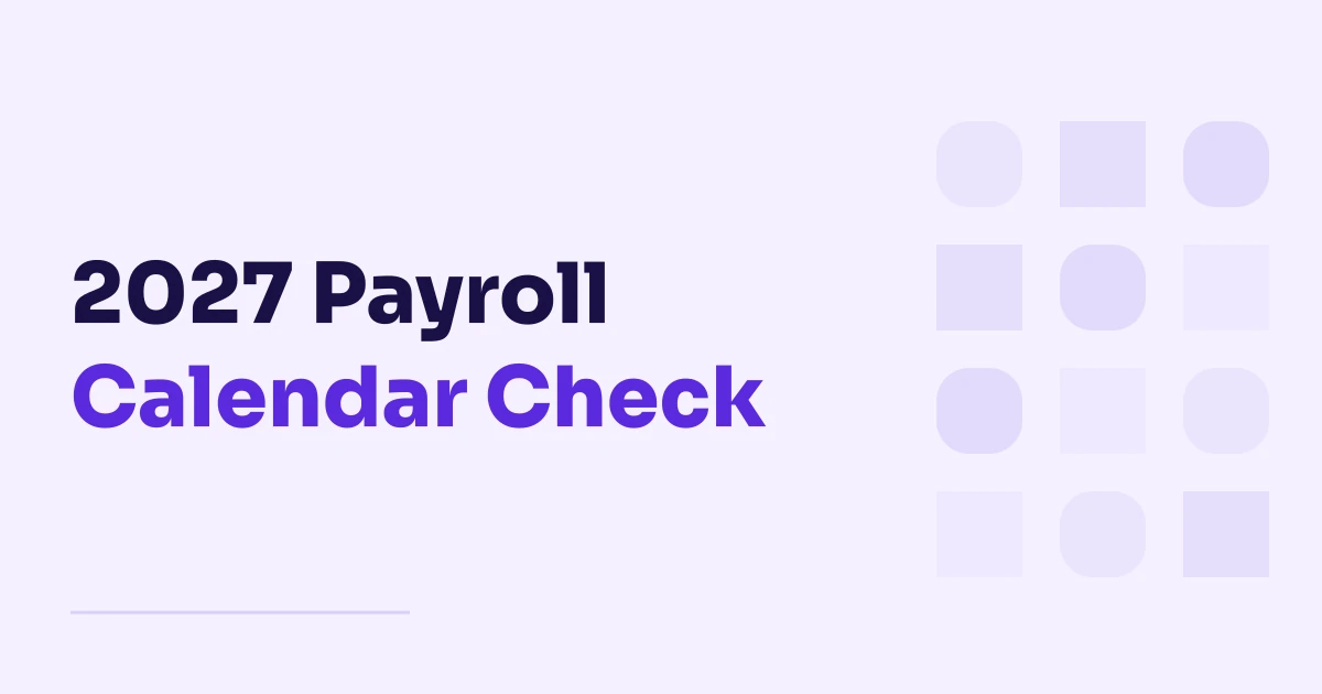 Light split rounded tiles beside the purple and dark Sora title 2027 Payroll Calendar Check.