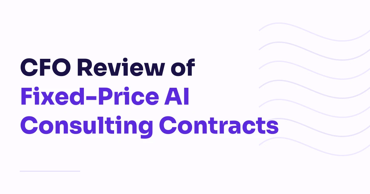 Light parallel soft waves beside the purple and dark Sora title CFO Review of Fixed-Price AI Consulting Contracts.
