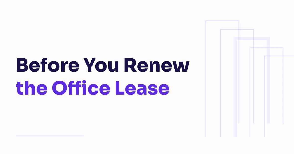 Light offset doorways beside the purple and dark Sora title Before You Renew the Office Lease.