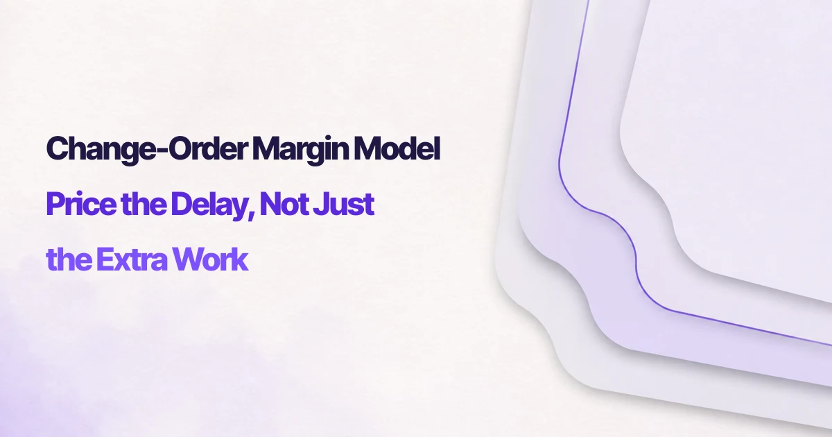 Light offset-contour paper pattern beside the three-color title Change-Order Margin Model, Price the Delay, Not Just the Extra Work.