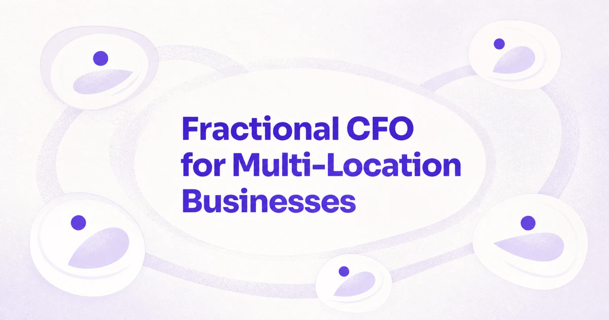 Light lavender multi-panel pattern around the purple title Fractional CFO for Multi-Location Businesses.
