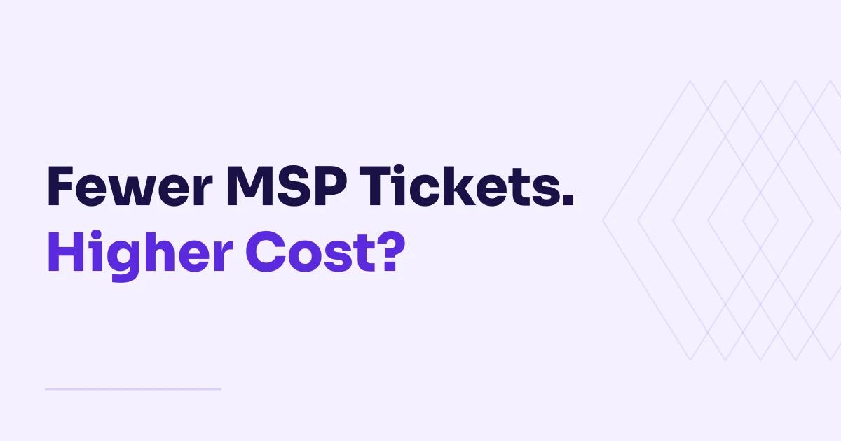 Light woven diamond outlines beside the purple and dark Sora title Fewer MSP Tickets. Higher Cost?.