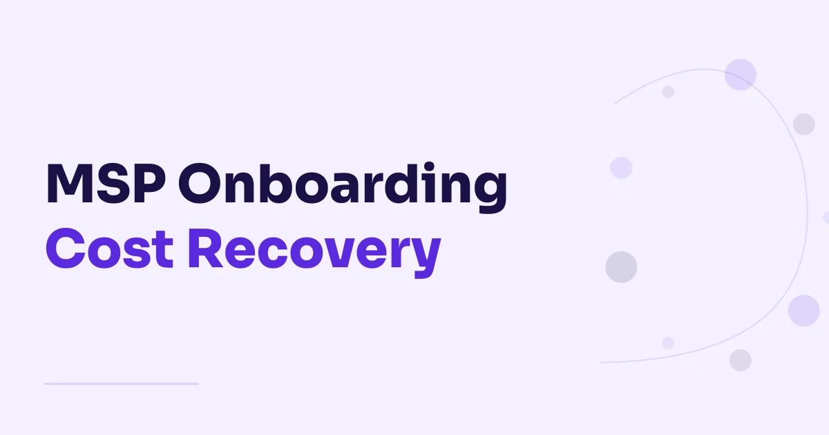Light balanced orbit points beside the purple and dark Sora title MSP Onboarding Cost Recovery.