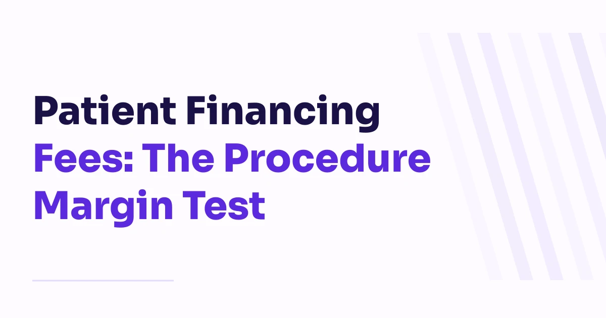 Light diagonal paper bands beside the purple and dark Sora title Patient Financing Fees: The Procedure Margin Test.