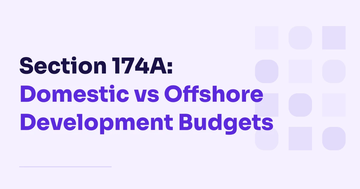 Light split rounded tiles beside the purple and dark Sora title Section 174A: Domestic vs Offshore Development Budgets.