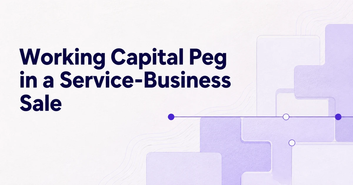 Light purple interlocking shapes and a horizontal peg line beside the title Working Capital Peg in a Service-Business Sale.