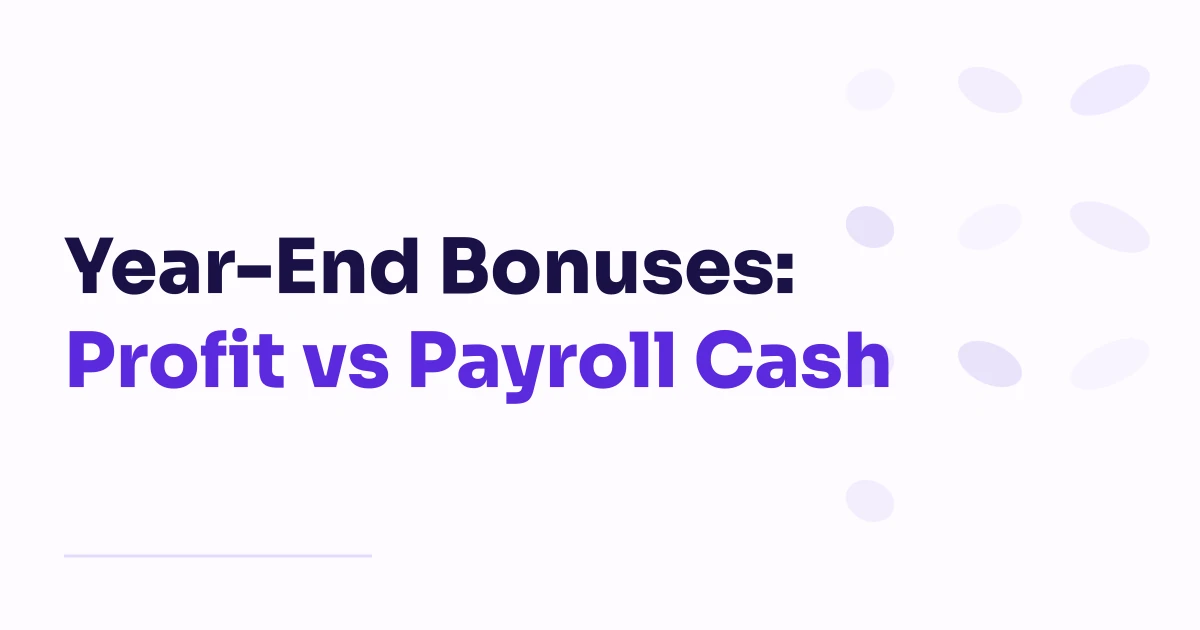 Light floating pebble pattern beside the purple and dark Sora title Year-End Bonuses: Profit vs Payroll Cash.