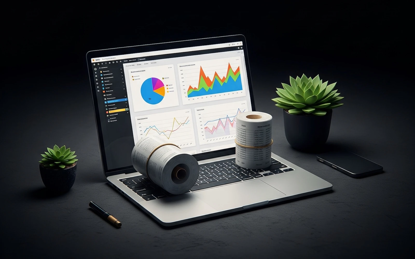 laptop with rolled paper and plants on desk