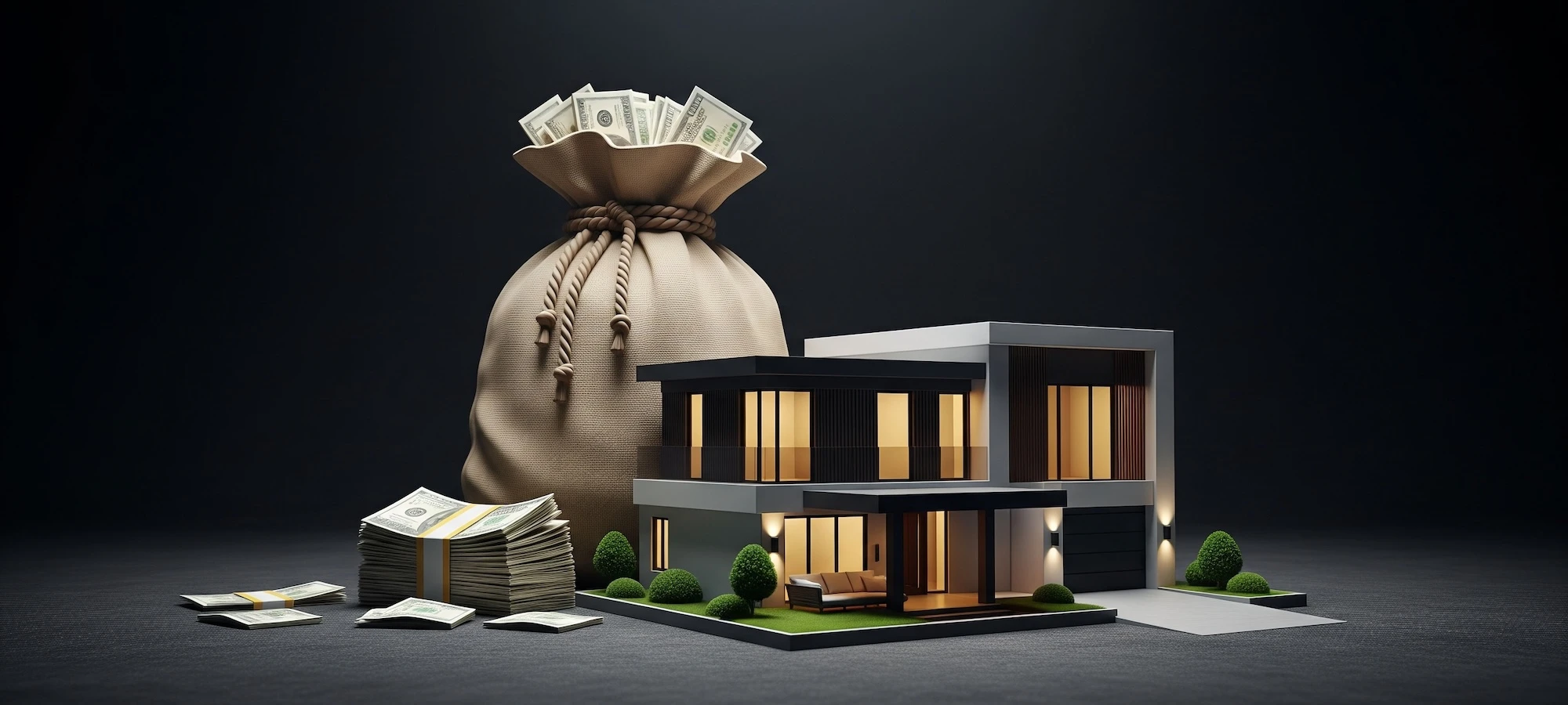 bag of money next to luxury real estate
