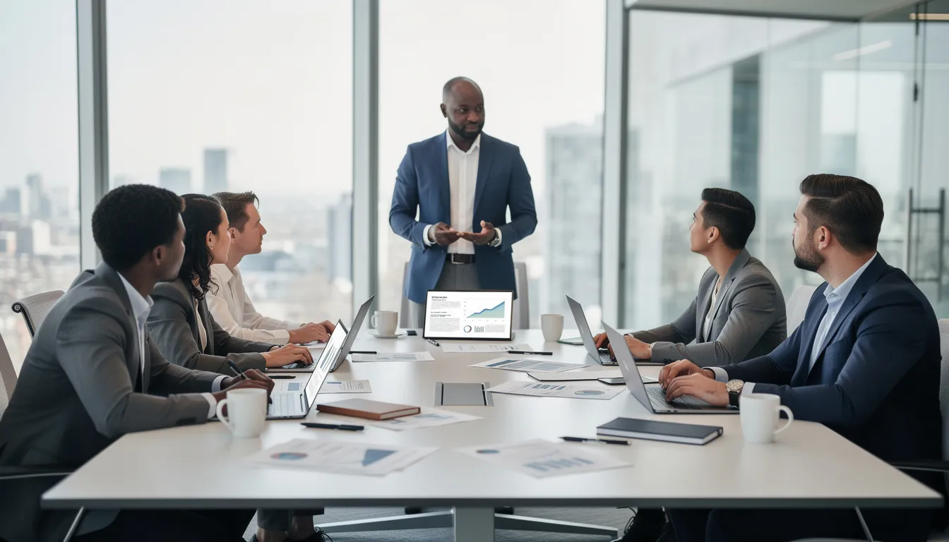 A diverse team is collaborating around a conference table, equipped with laptops and documents, discussing strategies to enhance the company's financial health and maximize profit. The atmosphere is focused on analyzing operational expenses and improving business performance to generate income and attract investors.