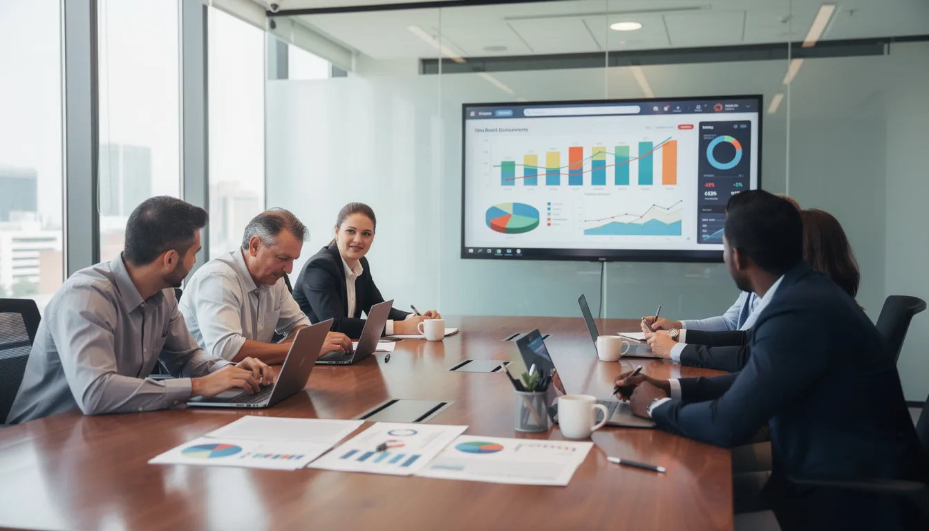 A diverse team is gathered around a conference table, discussing their financial future, with various financial charts and graphs displayed in front of them. The atmosphere suggests a focus on creating a personalized financial plan to achieve their financial goals and navigate investment strategies.