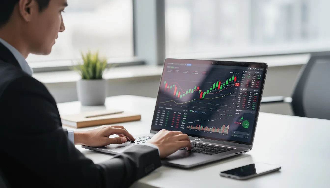 A professional is seated at a desk, focused on their laptop, which displays various financial charts and data related to financial management. The scene illustrates the importance of financial analysis and decision-making in maintaining positive cash flow and achieving business objectives.