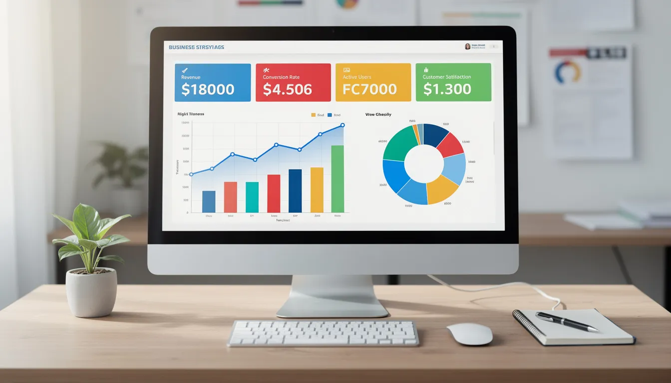 A computer monitor displays a vibrant business dashboard featuring various charts and metrics that represent financial data, aiding financial managers in effective financial management and strategic decision-making. The dashboard showcases key performance indicators crucial for analyzing financial performance and managing cash flow.