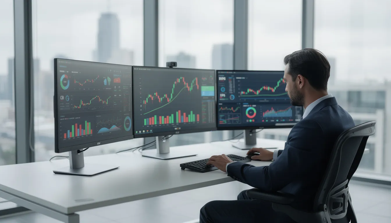 A professional is intently reviewing financial dashboards displayed on multiple computer screens in a modern office environment, highlighting the importance of data-driven decisions and financial reporting for effective cash flow management. This scene reflects the role of outsourced CFO services in enhancing a company's financial health and strategic planning.