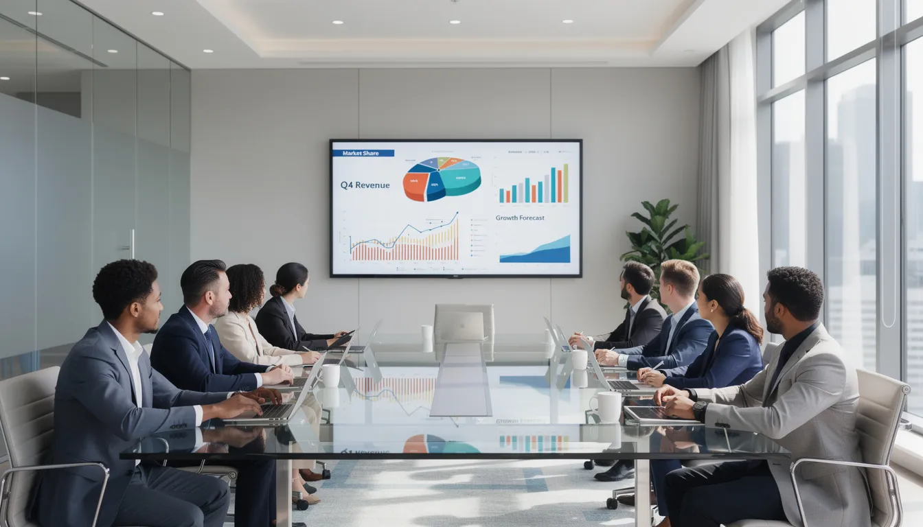 A team meeting is taking place in a modern conference room, where finance teams are discussing the company's financial health while viewing financial charts displayed on a large wall screen. The charts likely include key financial statements such as the balance sheet and income statement, which are essential for understanding the organization's financial position and performance.