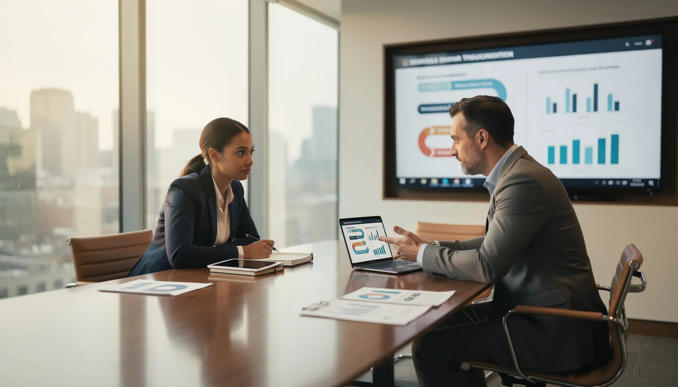 The image depicts two professionals engaged in a strategic business meeting in a modern conference room, discussing financial strategies and operations. They are likely focusing on key topics such as cash flow management and financial reporting to make smarter financial decisions for their organization.