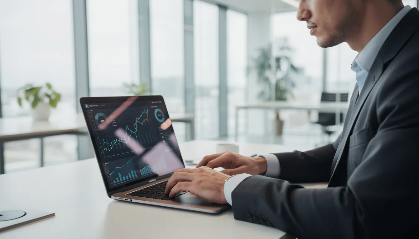 A business professional is intently reviewing financial dashboards on a laptop in a modern office, focusing on strategic financial management and corporate finance to inform business decisions and evaluate financial performance. The setting reflects a commitment to operational efficiency and long-term growth initiatives.