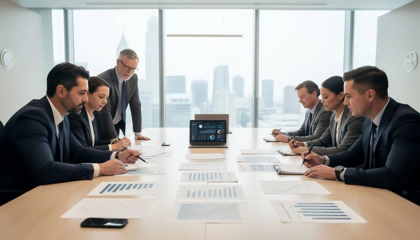 A professional team of senior executives is gathered in a modern conference room, actively reviewing strategic documents and financial reports to enhance their business strategy and align their corporate finance objectives. They are engaged in discussions focused on financial performance, risk management, and long-term growth initiatives to ensure effective decision-making and resource allocation.