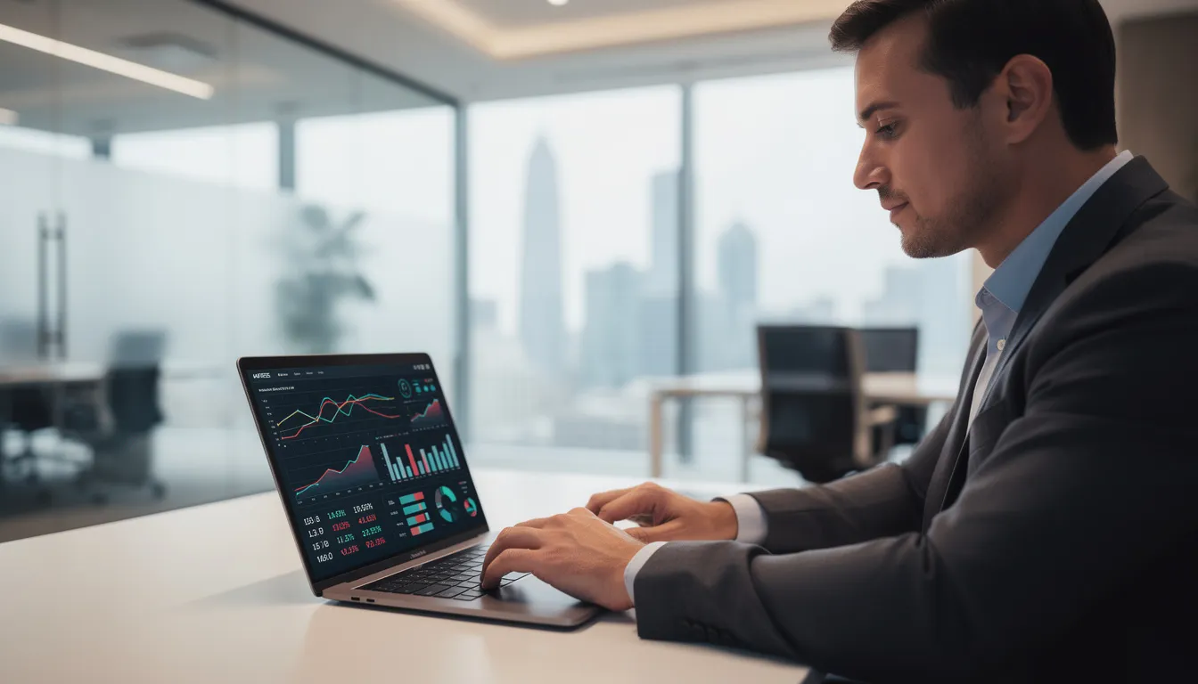 A business professional is intently reviewing financial charts on a laptop in a modern office, surrounded by sleek furniture and bright lighting. This setting suggests a focus on strategic growth and market research to drive business growth and increase profitability.