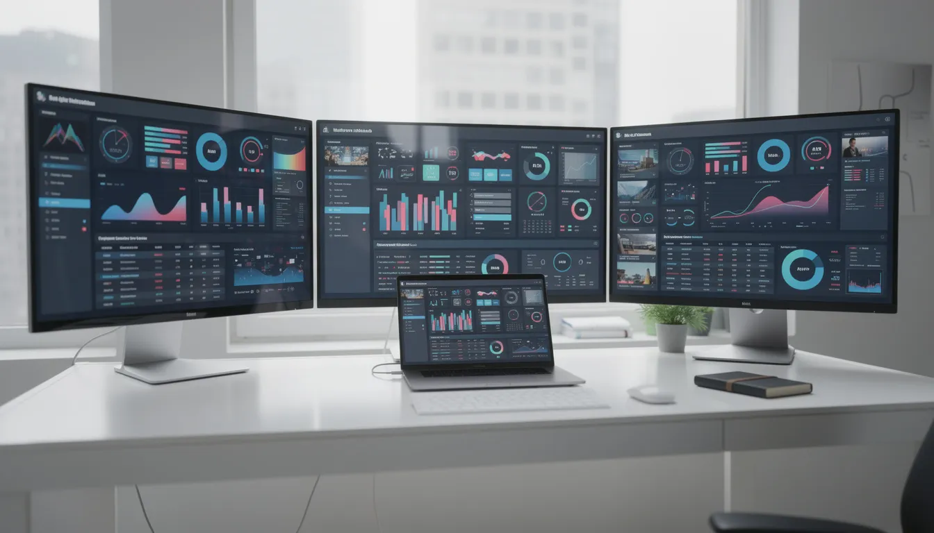 The image depicts a modern office workspace featuring multiple computer screens that showcase various software dashboards and analytics, highlighting the use of SaaS solutions for financial operations. This setup emphasizes strategic financial leadership and the role of fractional CFO services in managing cash flow and overcoming financial challenges for multiple companies.
