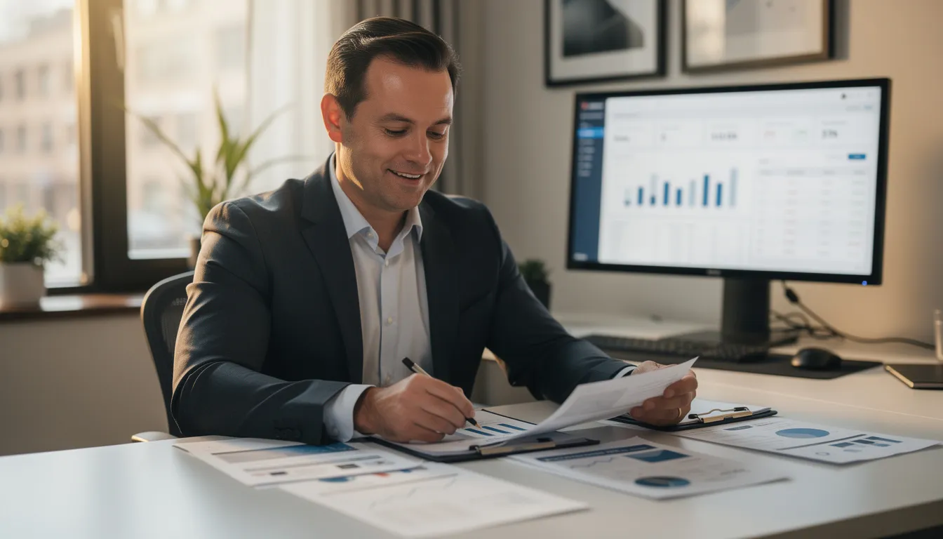 A confident business owner is intently reviewing financial reports, analyzing cash flow forecasts and actual cash flows to make informed decisions about future cash management and business growth. The expression on their face reflects a strong understanding of cash forecasting and the importance of accurate cash flow projections for effective financial planning.