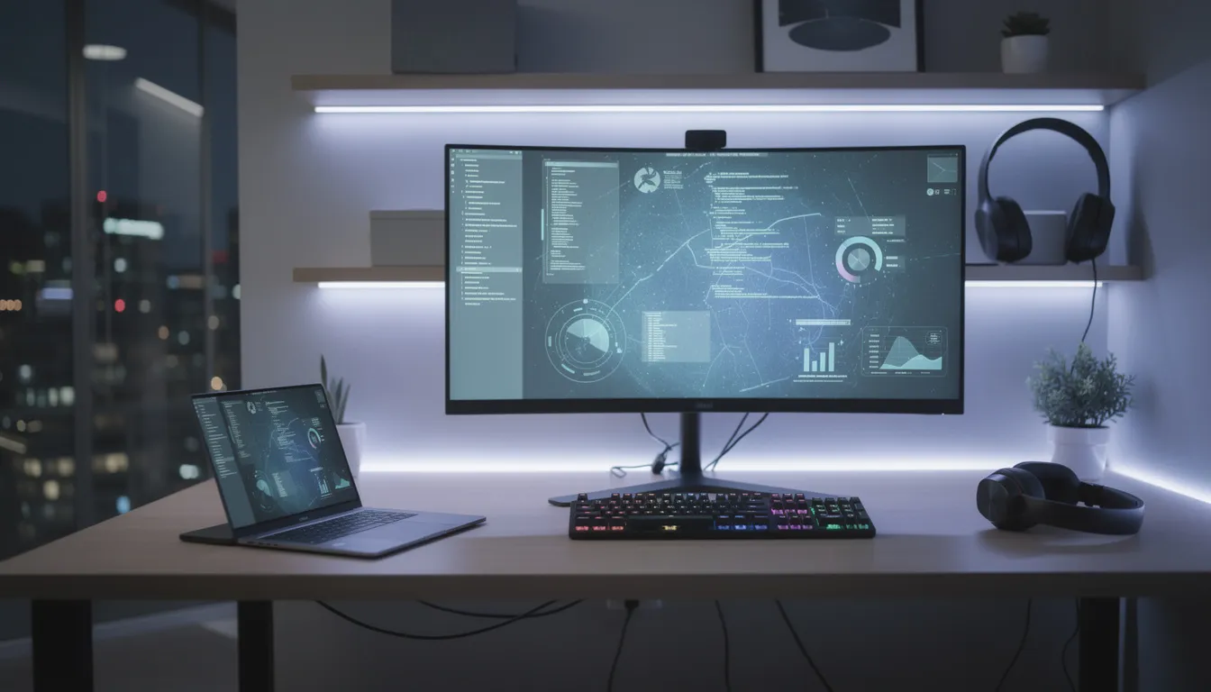 The image depicts a modern technology workspace featuring sleek computers and ambient lighting that conveys a sense of innovation. This environment is ideal for professionals engaging in strategic financial leadership and utilizing cloud-based applications to enhance their financial operations.