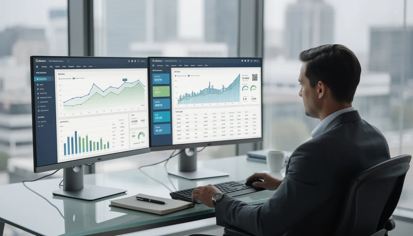 A professional sits at a modern office desk, intently reviewing financial dashboards displayed on multiple computer screens, highlighting key metrics related to the company's financial health, financial reporting, and cash flow management. The scene emphasizes the importance of accurate financial data and analysis in guiding strategic decision-making within the finance department.