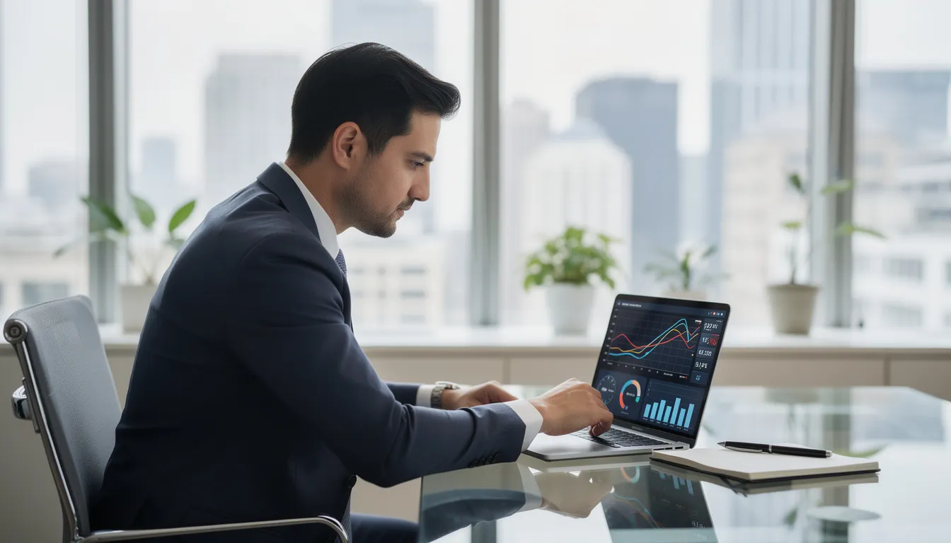 A business owner is focused on reviewing financial charts displayed on a laptop in a modern office, indicating a commitment to creating a personalized financial plan to achieve their financial goals and secure their financial future. The scene reflects the importance of tracking progress and making informed investment decisions for effective wealth management.