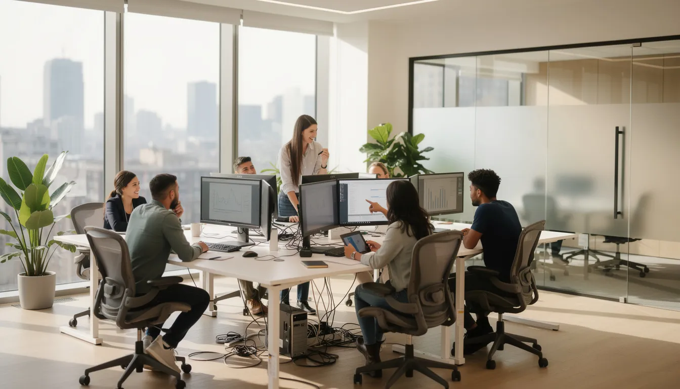 The image shows a modern office environment where team members are actively collaborating at their workstations, discussing strategies to improve profit margins and enhance their pricing strategy. The atmosphere is dynamic, reflecting a focus on teamwork and productivity in a business setting.