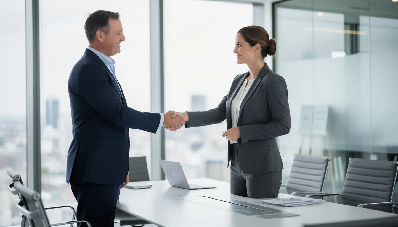 In a modern office setting, two business professionals are shaking hands, symbolizing a successful partnership or agreement. This image reflects themes of business profitability and financial health, highlighting the importance of good profit margins in achieving sustainable growth.