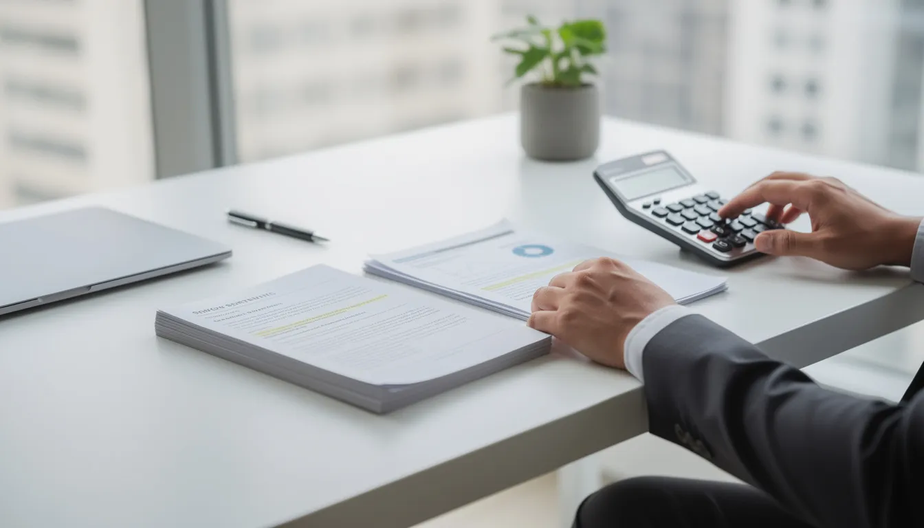 A finance professional is seated at a clean, modern desk, reviewing documents with a calculator nearby, focused on financial forecasting and modeling. The workspace is organized, reflecting a commitment to accurate forecasting and informed decision-making based on current and historical data.