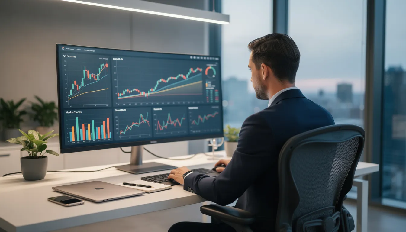 A business professional is intently reviewing financial charts displayed on a large monitor in a modern office, highlighting the importance of effective financial management and analysis in making informed financial decisions. The scene emphasizes the role of financial managers in evaluating financial data to support strategic planning and maintain positive cash flow.