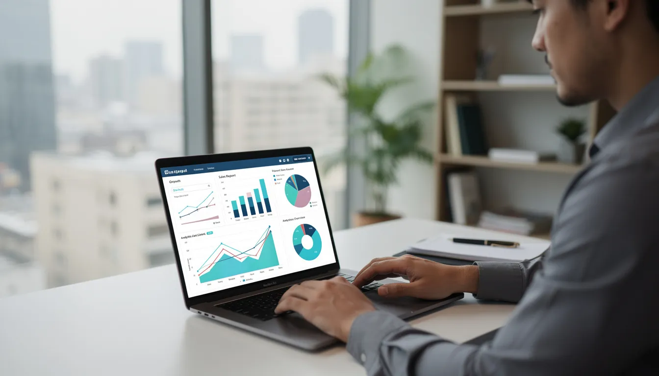 A person is focused on analyzing data charts on a laptop in a modern office environment, reflecting a commitment to developing a successful business strategy through market research and strategic planning to gain a competitive advantage. The scene emphasizes the importance of tracking progress and aligning with business objectives for organizational growth.