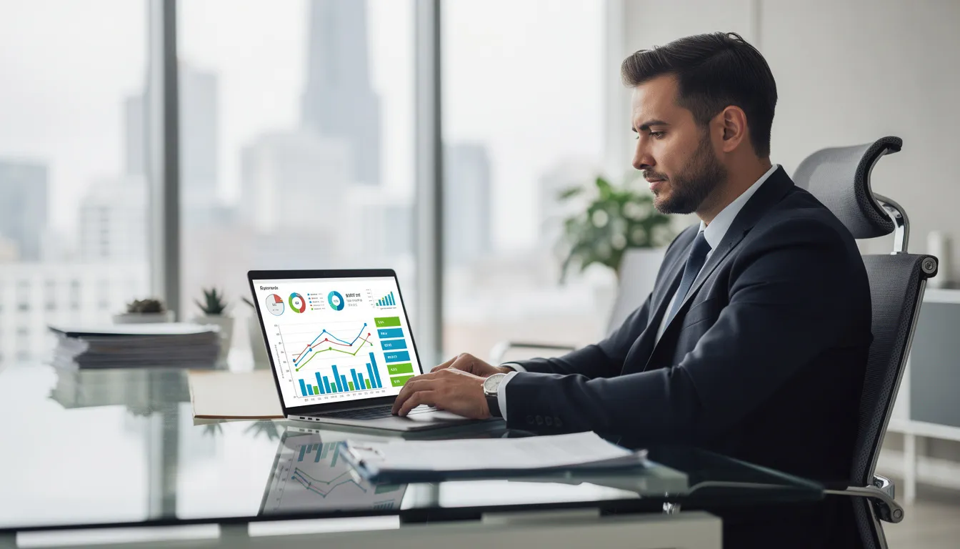 A business owner is intently reviewing financial charts on a laptop in a modern office, analyzing key profitability metrics such as gross profit margin and net income to assess the company's financial health and operational efficiency. The charts likely include profitability ratios that help measure profitability and guide strategic decisions for improving overall profitability.