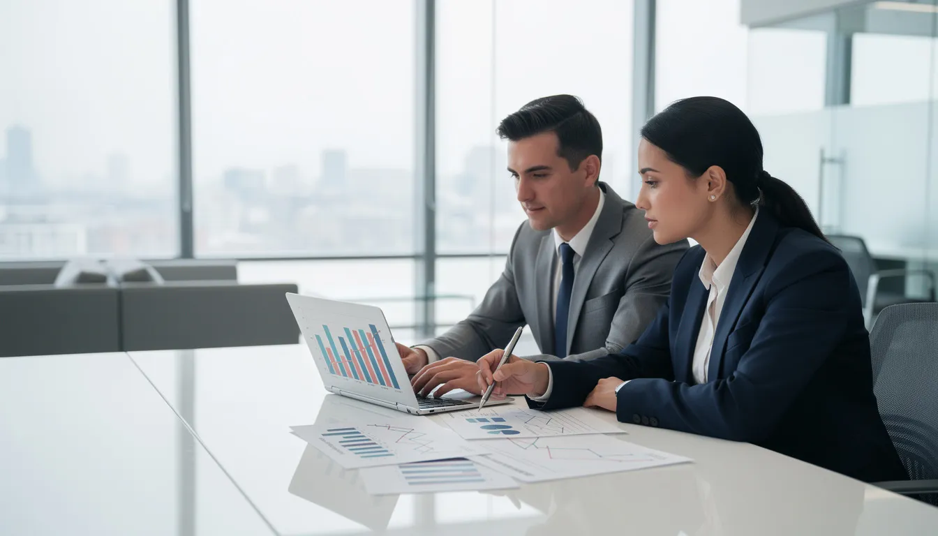 In a modern office, two business professionals are collaborating on a comprehensive financial plan, analyzing various investment portfolios and discussing strategies to meet their clients' financial goals. This scene illustrates the financial advisor's role in helping clients navigate their current financial situation and plan for a secure financial future.
