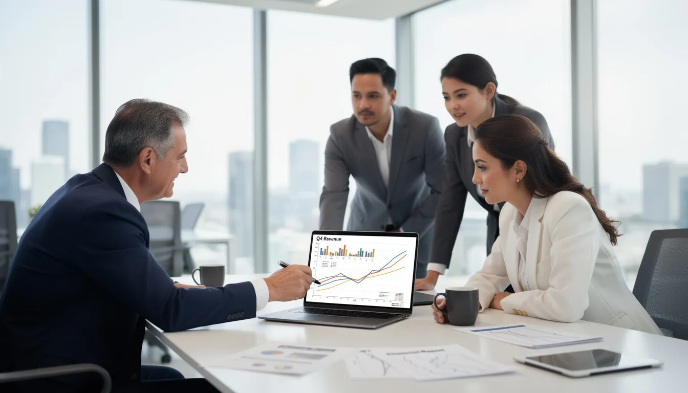 A group of business professionals are gathered around a laptop in a modern office, analyzing financial charts that display historical data and cash flow metrics. They are engaged in discussions about financial forecasting methods and are focused on predicting future performance to inform their financial planning and decision-making processes.