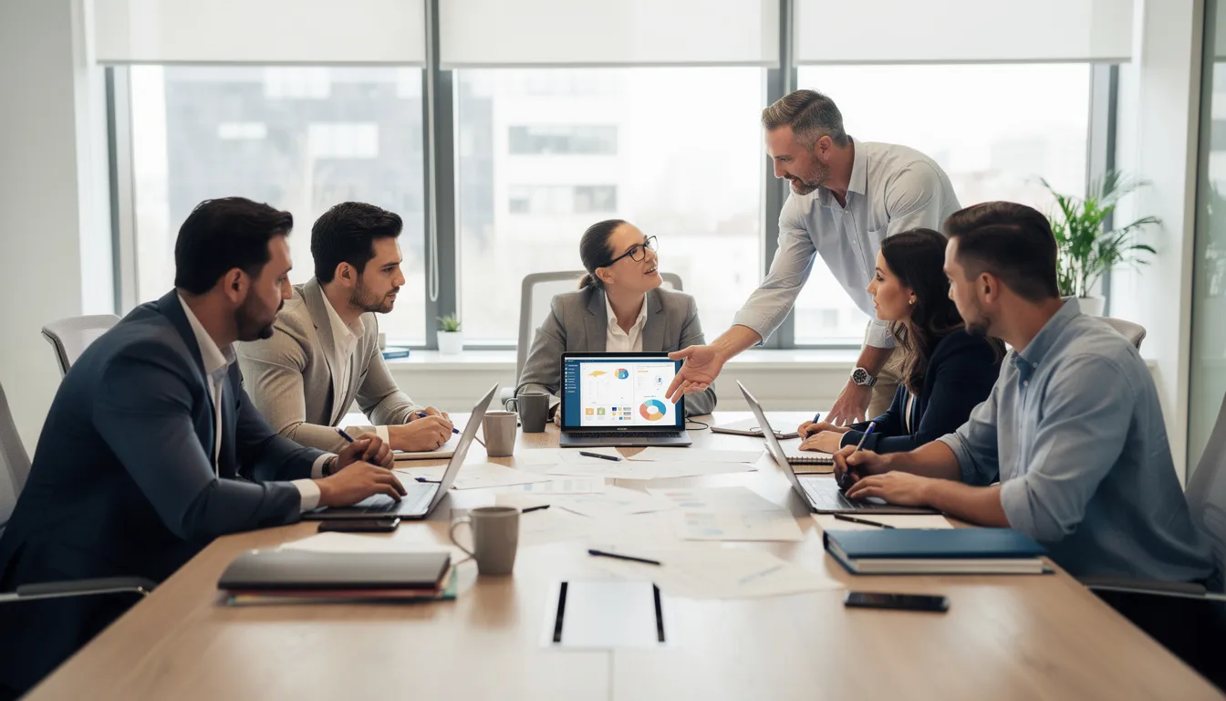 A diverse team of business professionals collaborates around a table filled with laptops and documents, engaged in strategic planning to develop effective business strategies and enhance their competitive advantage. Their focus on market analysis and business objectives reflects a commitment to driving growth and achieving long-term success.