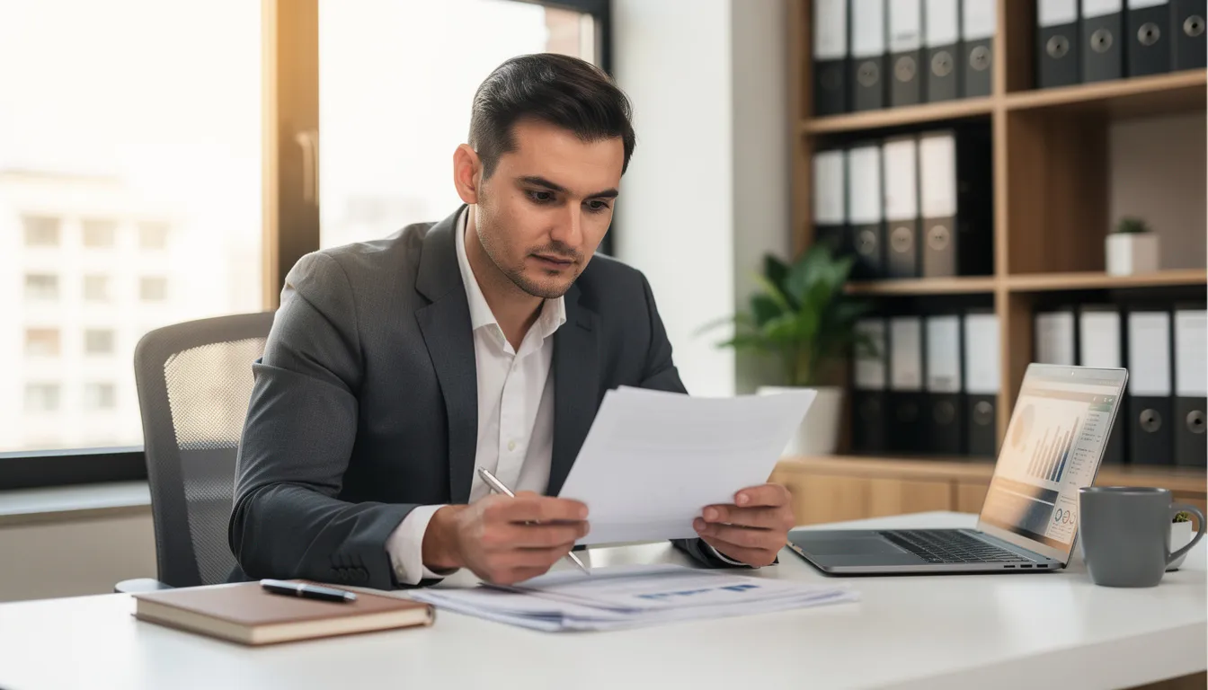 A confident business owner sits at a desk, reviewing financial documents and analyzing data on a laptop, showcasing their focus on financial management and the company's financial health. The scene reflects the importance of accurate financial reporting and strategic decision-making in overseeing the company's finances.