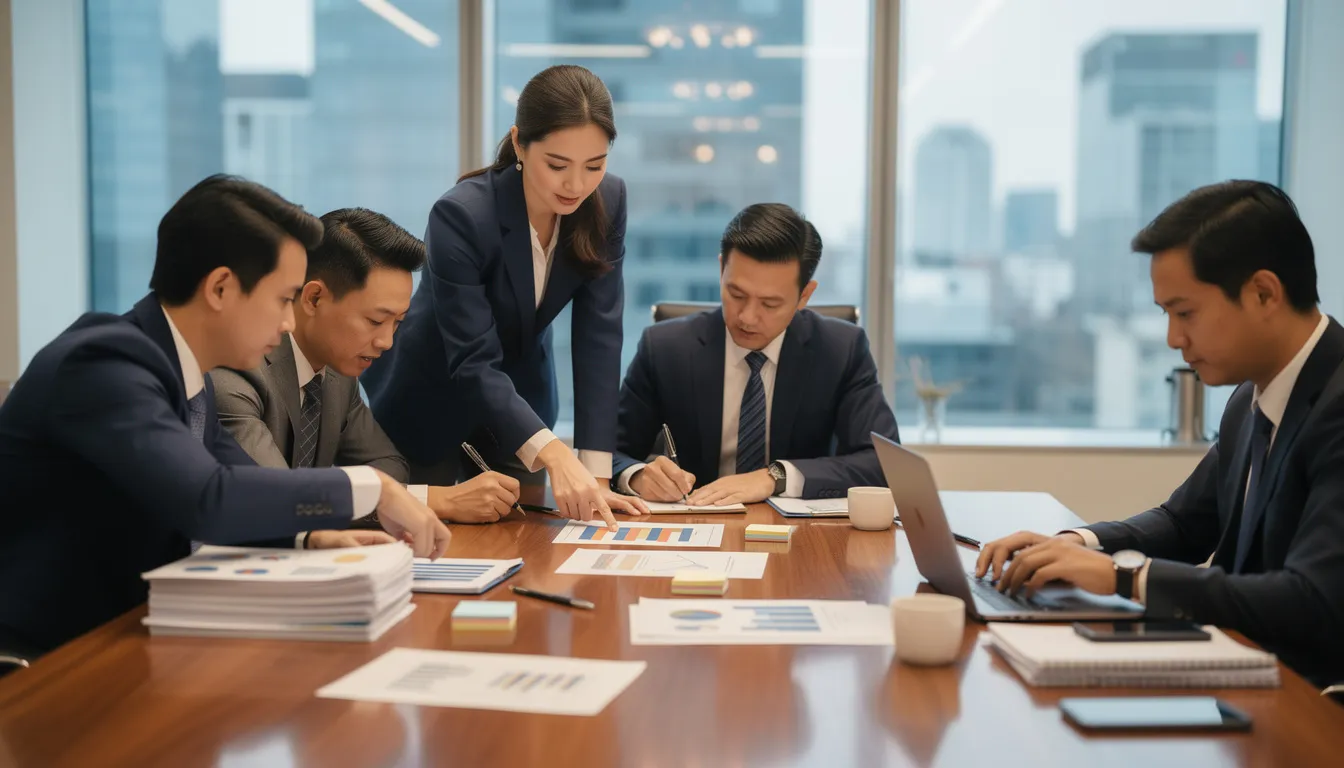 A group of business professionals is gathered around a table, collaboratively reviewing documents and discussing strategies to improve the company's profitability. They are focused on analyzing key financial metrics such as gross profit margin and net income to enhance the company's financial health and operational efficiency.