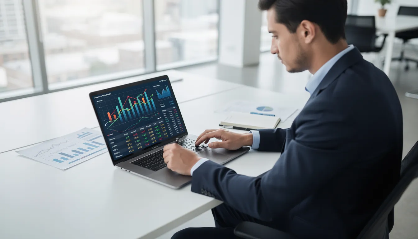 A business professional is focused on analyzing financial charts displayed on a modern laptop in a bright office environment, emphasizing the importance of financial planning and budget processes for achieving long-term financial goals. The individual appears engaged in reviewing data to support strategic priorities and make informed decisions for their organization.