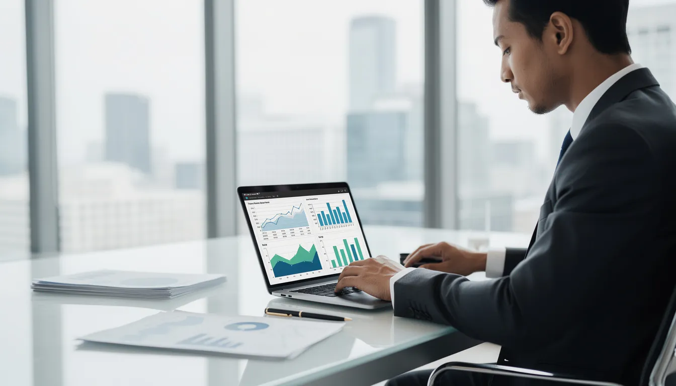 A business professional is seated at a modern office desk, intently reviewing financial data on a laptop, which reflects their focus on business growth and strategies for attracting new customers. The sleek environment suggests a commitment to improving customer relationships and enhancing overall business success.
