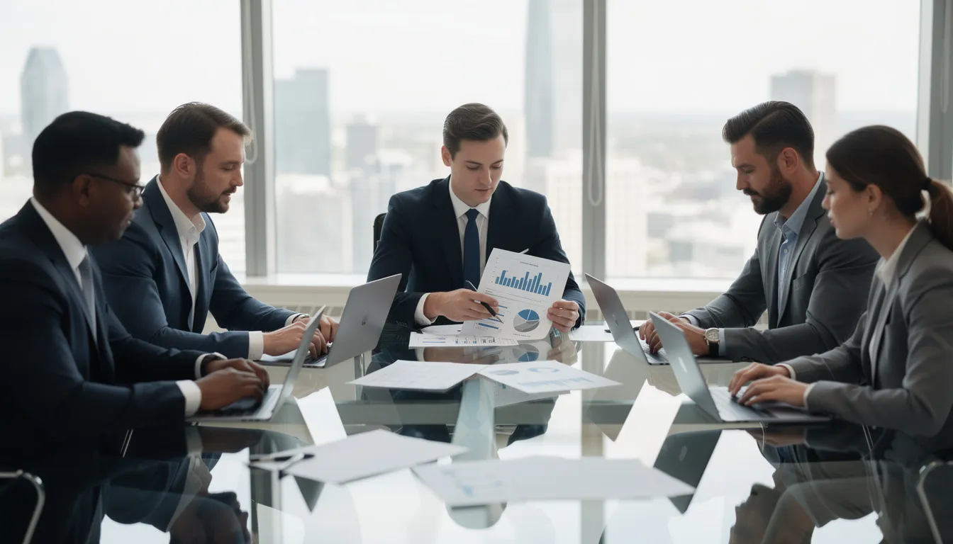 In a professional meeting, business partners are gathered around a conference table, reviewing financial documents and laptops, discussing the company's financial health and strategies. The atmosphere reflects collaboration among financial leaders, highlighting the importance of accurate financial reporting and effective financial management for the organization's growth.