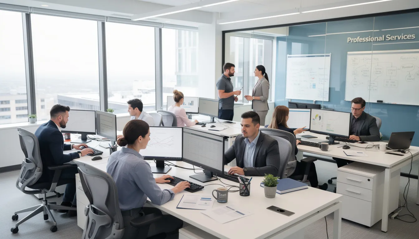 The image depicts a modern professional services office where team members are focused on their computers, collaborating to enhance the company's financial health and maximize profit. This dynamic environment reflects the importance of operational efficiency and business success in achieving positive cash flow and generating income.