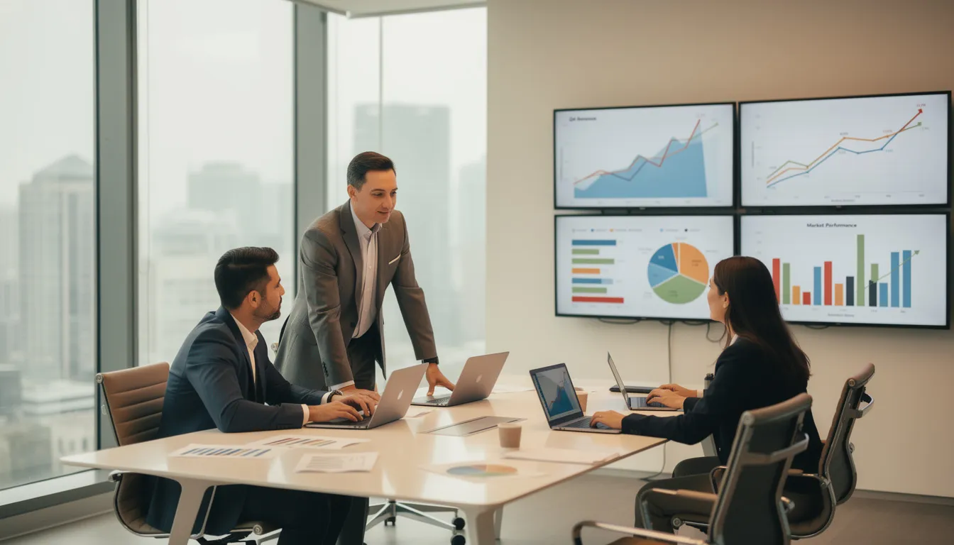 In a professional office setting, a diverse team collaborates around a table, analyzing financial charts that represent business growth strategies for small businesses. Their focus on improving customer relationships and retention reflects their commitment to achieving long-term success and increasing sales.