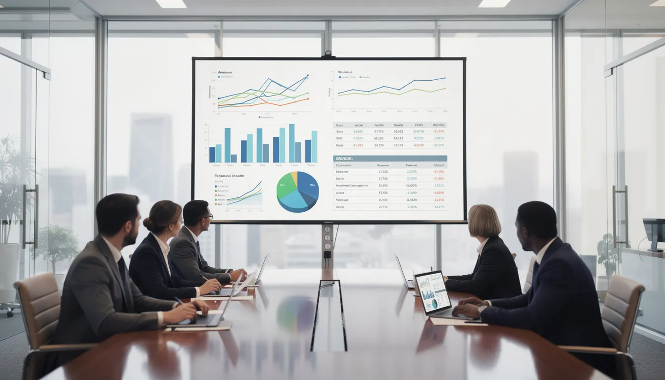 The image shows a conference room screen displaying various charts and financial data, highlighting key metrics such as gross profit margin, net income, and profitability ratios to assess the company's financial health and operational efficiency. These visuals are essential for analyzing profitability and making informed strategic decisions during business discussions.