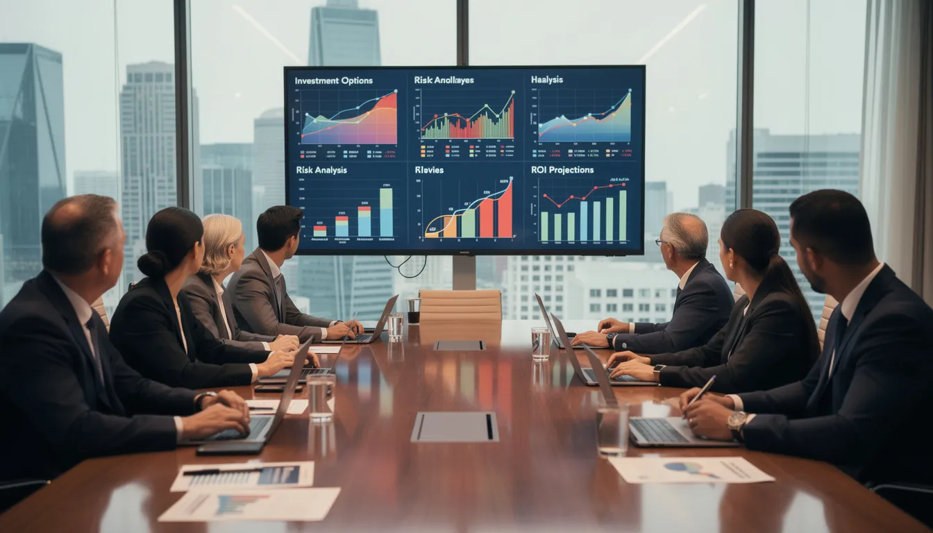 A group of senior executives is gathered around a large screen display, analyzing various investment options as part of their corporate strategy discussions. They are focused on making strategic financial decisions to enhance business growth and ensure long-term sustainability.