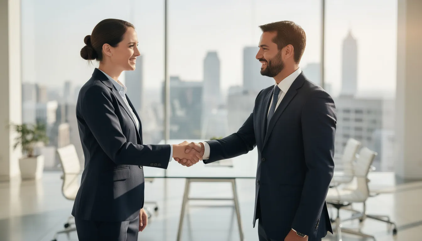 A business professional and a partner are shaking hands in a modern office, symbolizing the establishment of a strategic partnership aimed at achieving business growth and expanding market share. The setting reflects a collaborative atmosphere essential for developing actionable plans and innovative marketing strategies to attract new customers and drive long-term success.