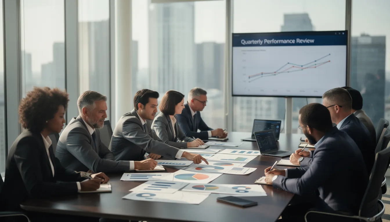 A diverse team of professionals is gathered around a large conference table, intently reviewing documents and charts that depict various business growth strategies such as market research and market expansion. They appear focused on developing actionable plans to enhance customer loyalty and increase market share for their company's products and services.